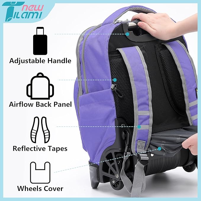 NEW TILAMI 18 inch Rolling Backpack Boys & Girls for School – Durable, Waterproof, Adjustable Handle, Ideal for Travel & Daily Use, Purple Sky