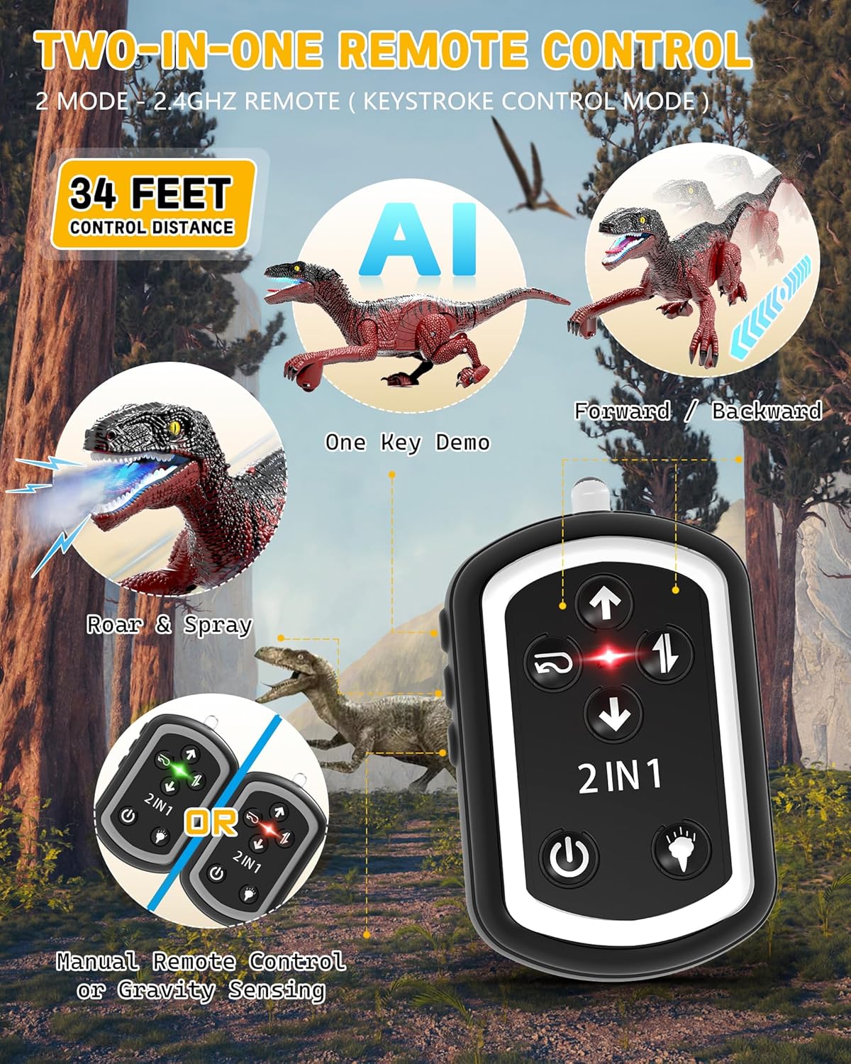 Eulogia Dinosaur Toy, RC Dinosaur Car with 2-in-1 Remote, Gesture-Sensing Forward Backward Dino, Features Spray & Sounds & Lights, One-Key Demo Car, 4-12 Boys Grils Gift for Birthday Christmas Party