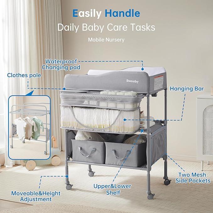 Sweeby Portable Baby Changing Table, Foldable Changing Table Dresser Changing Station for Infant, Waterproof Diaper Changing Table Pad Topper, Mobile Nursery Organizer for Newborn Essentials,LightGrey