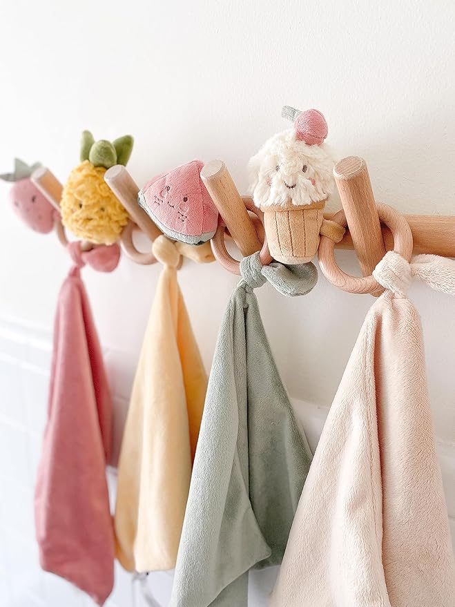 MON AMI Pina Pineapple Wood Teether Security Blanket | 11-Inch Soft Velour Baby Blanket with Wooden Teething Ring | Perfect Newborn Essential for Birthdays & Baby Showers