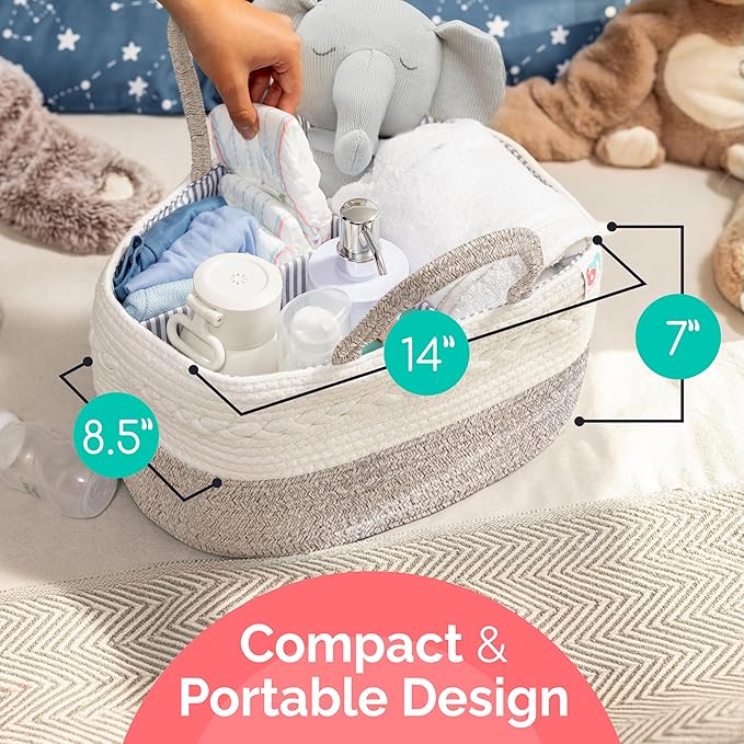 Rope Diaper Caddy - Storage for Baby and Toddler Items - Portable Cotton Organizer Easily Holds Diapers, Wipes, Clothing - Useful for Nursery, Bedroom (Beige, Regular)