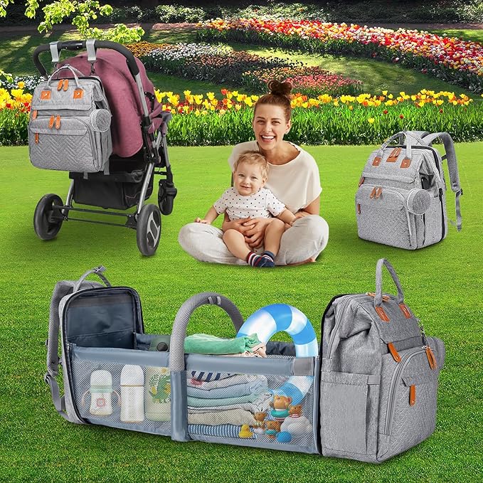 Diaper Bag Backpack Diaper Bag Multifunctional Waterproof Diaper Bag with Changing Station Travel Backpack with Changing Pad, Pacifier Case & Stroller Straps(Grey)