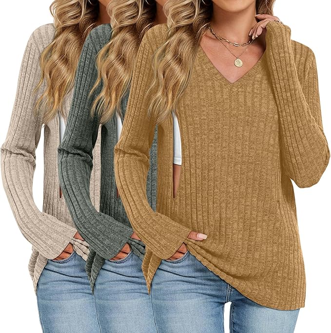3 Pack Women's Maternity Nursing Tops, V Neck Breastfeeding Sweaters Long Sleeve Hidden Zipper Shirts