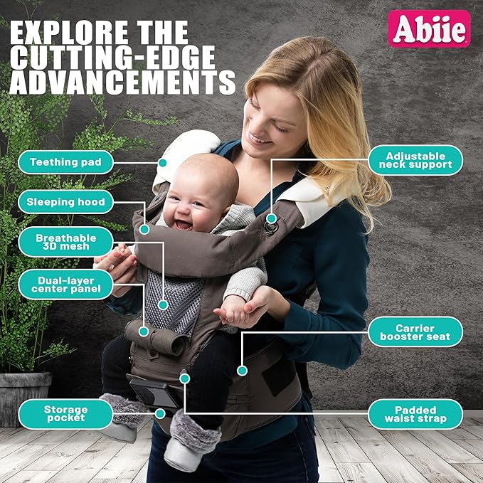 Abiie HUGGS 3-in-1 Baby Carrier w/Hip Seat - Front Facing, Hip Hugger, Back Baby Carrier - Healthy Sitting (M) Position, 3 Mos.-Toddler - Buckle Type Closure - Approved by US Safety Standards - Gray