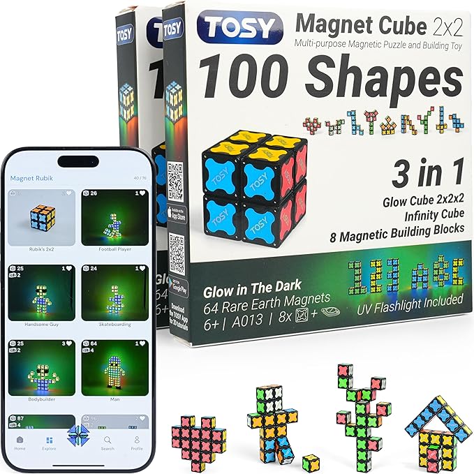 TOSY Magnet Cube 2x2 - 8 Blocks, 2 in 1 Toy: 2x2x2 Puzzle Cube and Customizable Infinity Cube, Glowing, UV Flashlight, Fidget/STEM/STEAM Magnet Tiles Birthday Gift for Kids/Teens/Adults, 2-Pack