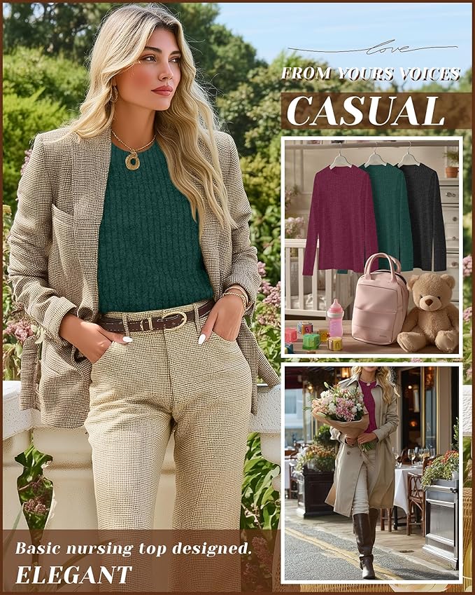 3 Pack Women's Nursing Long Sleeve Tops Breastfeeding Thermal Sweaters with Hidden Zipper Maternity Ribbed Shirts