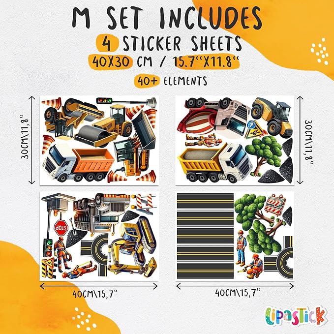 Construction Car Wall Decals for Boys by Lipastick - Road, Trucks, Tractors, Excavators Wall Stickers for Kids Bedroom, Nursery, Playroom - Peel and Stick Transport Themed Wall Decals - M Size