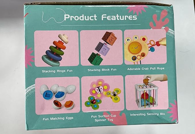 Baby Toys for 6 to 12 Months, Montessori Sensory Bins & Teething Toys, 6 in 1 Stacking Blocks, Rings, Eggs, Spinner, Crab Shape, 27 Pieces, Ages 6-36 Months