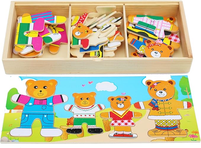TOWO Wooden Bear Family Dress up Puzzle Box - Sorting and Matching Jigsaw Puzzle - Wooden Sorting Toys for 3 Year Old - Wooden Puzzles for 3 Years Old Girls