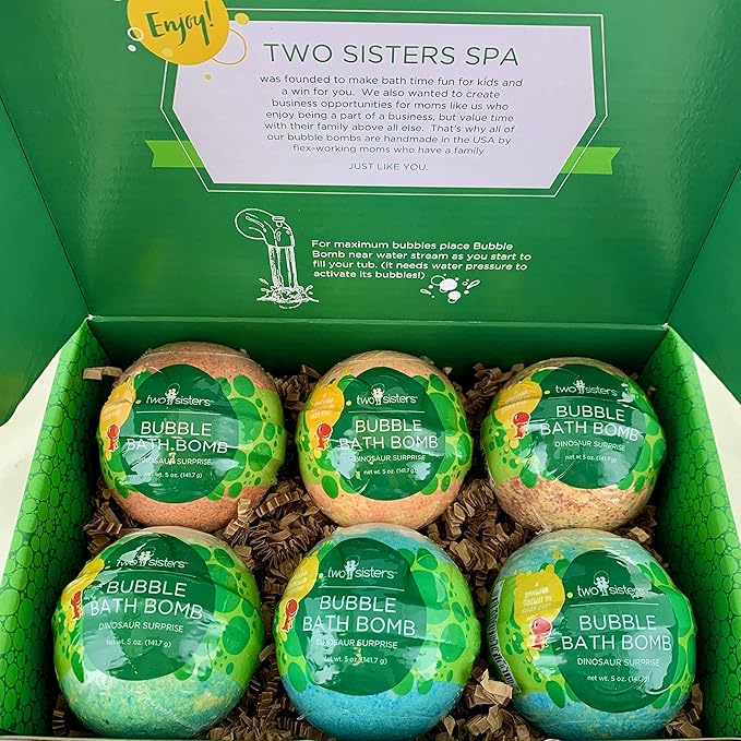 Dinosaur Bath Bombs for Kids with Surprise Dino Toys Inside (6 Pack) - Large Bubble Bath Bombs for Boys and Girls - USA Made, Fruity Scents, Children and Teen Gift Ideas by Two Sisters