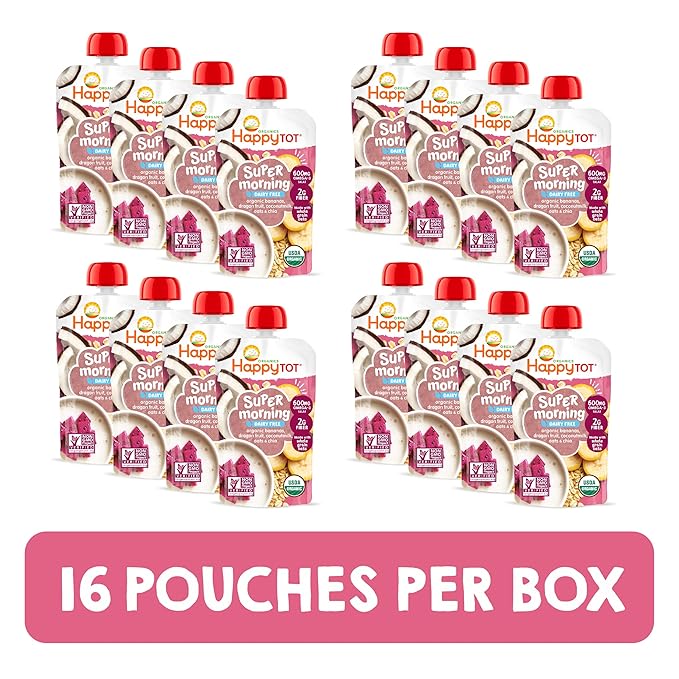 HAPPYTOT Organics Stage 4 Baby Food Pouches, Gluten Free, Vegan & Dairy Free Snack, Super Morning Fruit & Oat Blend, Bananas, Dragon Fruit, Coconutmilk, Oats & Chia, 4 Oz (Pack of 16)