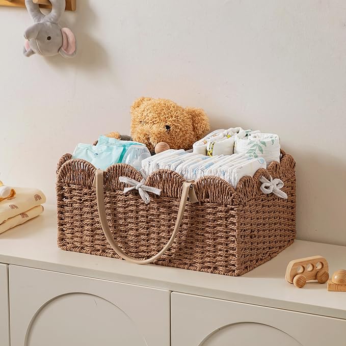 HBlife Large Baby Diaper Caddy, Paper Rope Storage Baskets Nursery Bin with Removable Divider, Portable Car Organizer for Diapers, Baby Shower Gifts, Newborn Essentials Must Haves