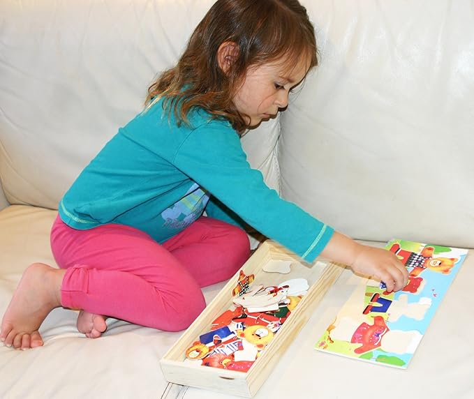 TOWO Wooden Bear Family Dress up Puzzle Box - Sorting and Matching Jigsaw Puzzle - Wooden Sorting Toys for 3 Year Old - Wooden Puzzles for 3 Years Old Girls