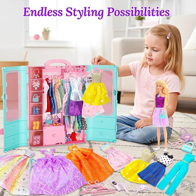 70 Pcs Doll Closet with Clothes & Accessories Including 2 Wedding Gowns 6 Fashion Dresses 2 Casual Outfits 2 Swimsuit 10 Shoes 20 Hangers 27 Accessories,Dress up Toys for Girls Kids Gifts