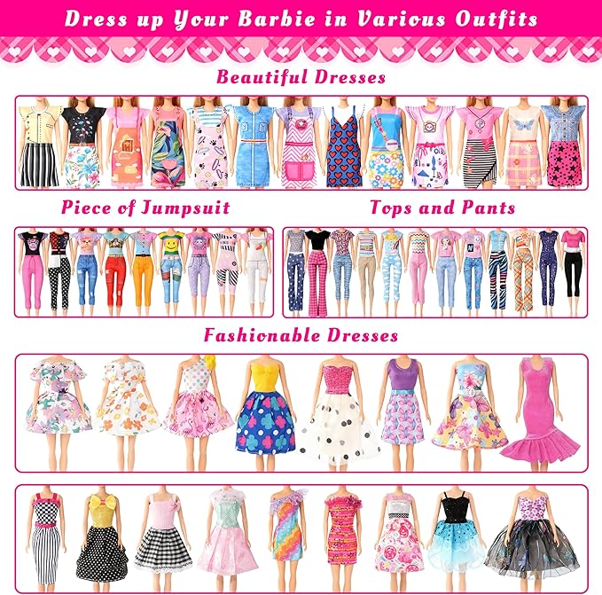 120Pcs Doll Clothes and Accessories, 5 Wedding Gowns 21 Dresses Including Evening Gowns, Fish Scale Skirts, Fashion Dresses, Swimsuits, Shoes, Hangers for Christmas Stocking Stuffers Girls Gift Age 3+