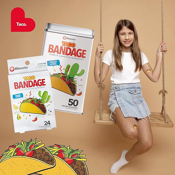 BioSwiss Bandages, Taco Shaped Self Adhesive Bandage, Latex Free Sterile Wound Care, Fun First Aid Kit Supplies for Kids, 24 Count