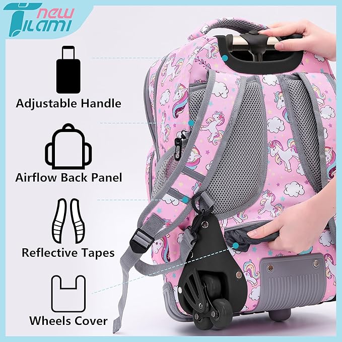 NEW TILAMI 18" Kids Rolling Backpack for School - Waterproof, Durable, Stair-Climbing, Variety of Colors Patterns for Girls & Boys, Cute Pink Unicorn