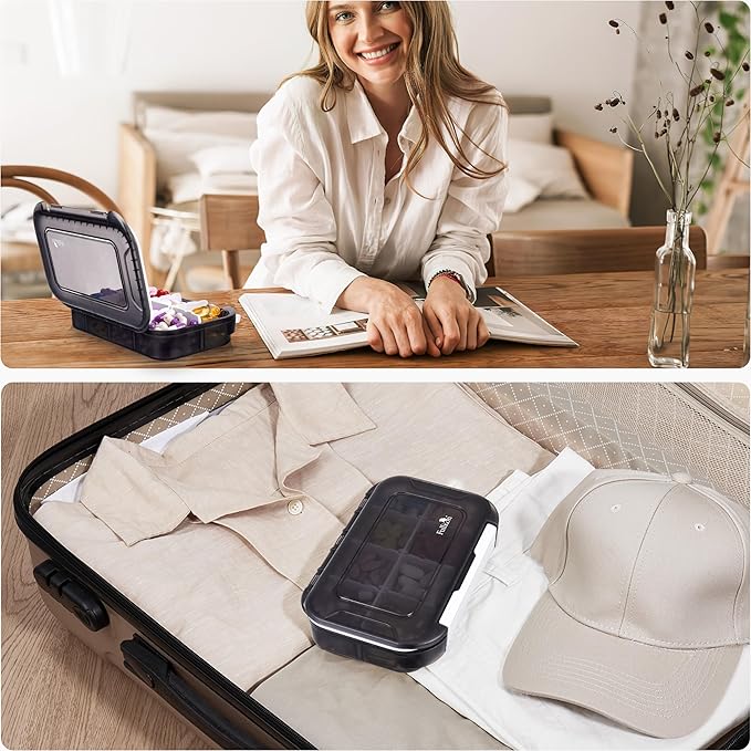 Fullicon Large Pill Organizer with 8 Compartments, Moisture Proof Travel Pill Box with Removable Divider, Daily Pill Container with Lables, Pill Case for Vitamin, Fish Oil, Supplement (Black)