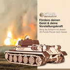 3D Wooden Puzzles for Adults - DIY T-34-85 Tank 3D Puzzle Model Kit with Rubber Band Engine, Rolling Wheels & Rotating Cannon - 3D Wooden Puzzle for 15 yrs Above & Adults - Eco Wood Art, 965 Pieces