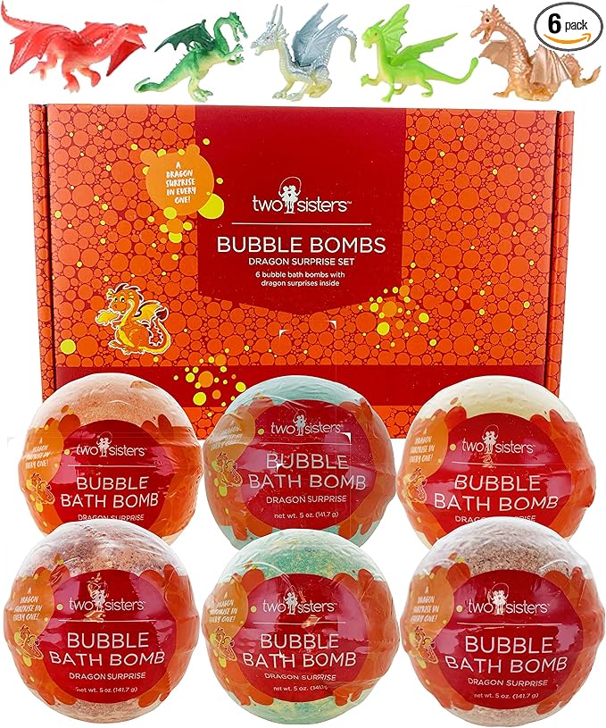 Dragon Bath Bombs for Kids with Surprise Toys Inside (6 Pack) - Large Bubble Bomb, Gentle and Safe, USA Made, Birthday Gift for Boys and Girls by Two Sisters