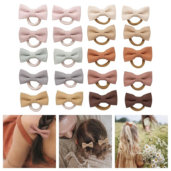 Baby Toddler Girls Hair Ties with Linen Bows, 20 pcs No Damage Elastic Nylon Ponytail Holders, Small Hair Accessories for Thick or Thin Hair