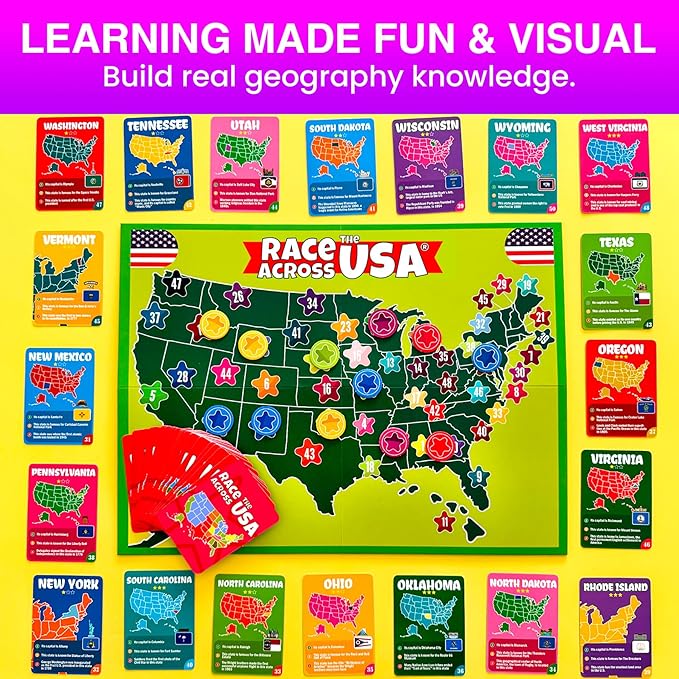 QUOKKA States of America Board Game for Kids Ages 8-12 and Families – Learn US States, Capitals, Landmarks & Fun Facts – Trivia Game with 50 Cards & Map Board – Educational Game for Classrooms or Home