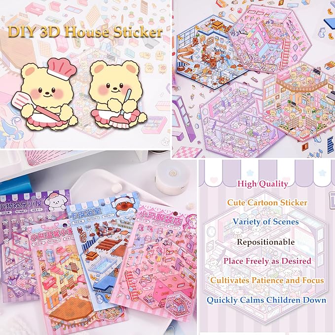 DIY 3D Sticker Scene 4 Sets of Reuseable and Waterproof Stickers Make Your Own Shop Scenes Sticker Cute Miniature Cartoon Stickers for Kids Adult