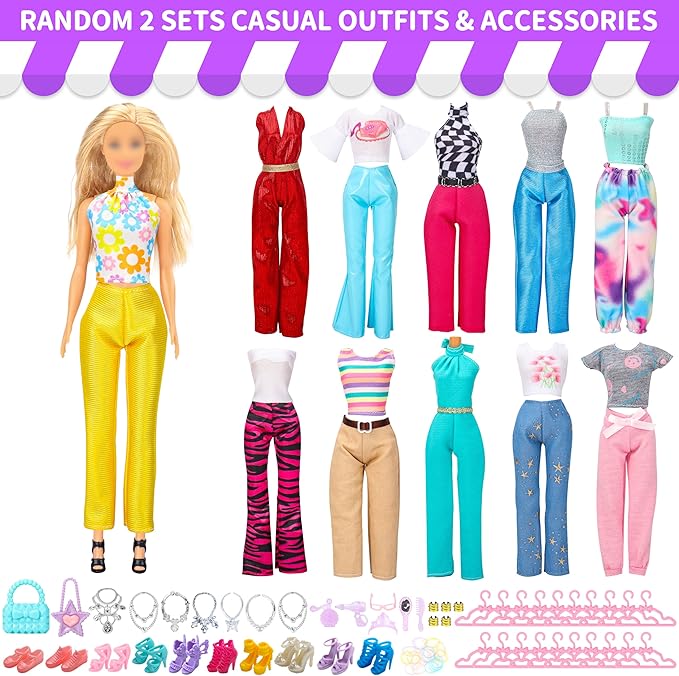 90 Pcs Doll Clothes and Accessories,2 Wedding Gowns 2 Evening Dresses 6 Fashion Dresses 4 Set Casual Outfit Top and Pant 2 Swimsuit,20 Hanger 10 Shoe 41 Accessories Toys for Girls Kid Gift