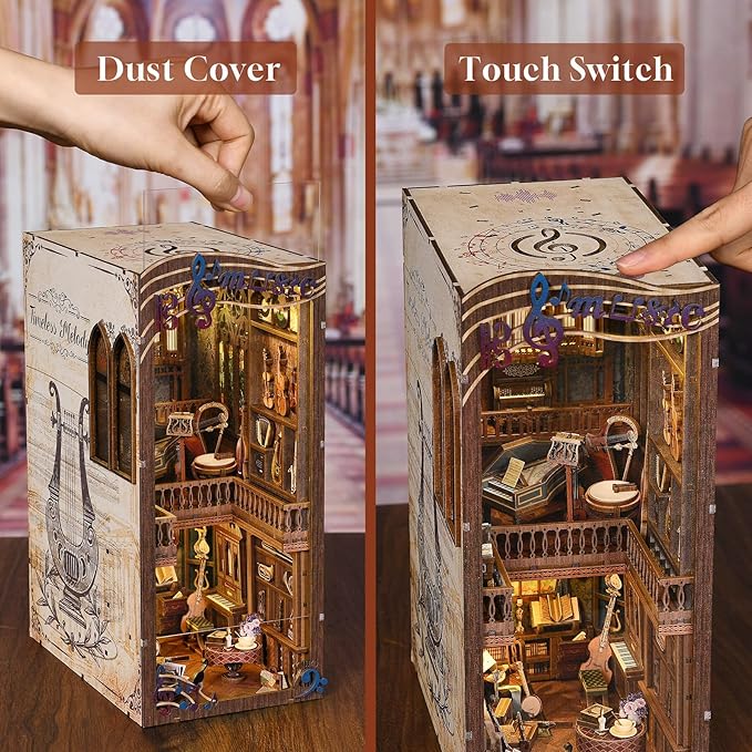 Book Nook Kit Music, DIY Miniature House Kit Book Nook, 3D Wooden Puzzle Bookshelf Insert Diorama Kit with Led Light for Teens and Adults (Timeless Melody)