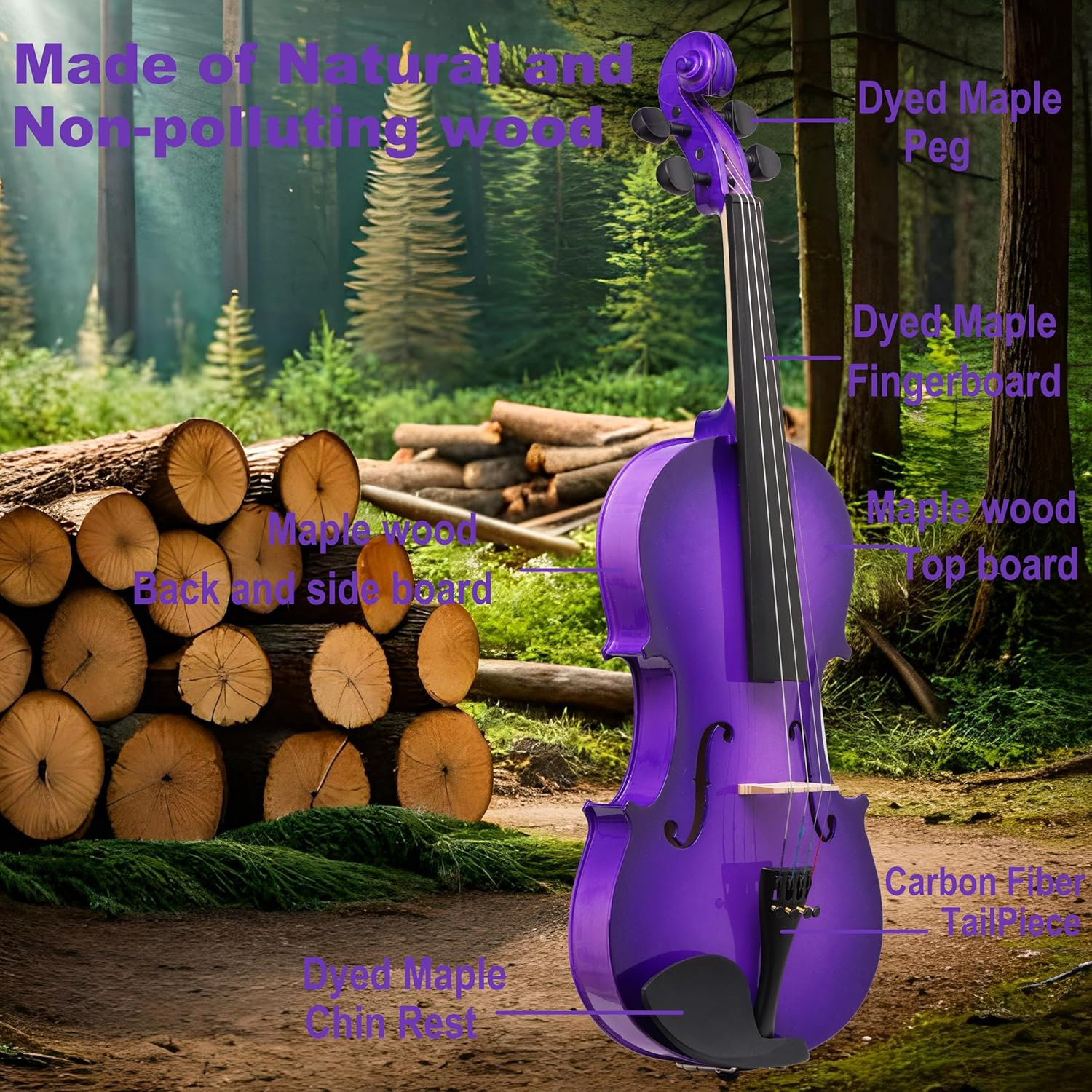 1/2 Fiddle Purple Colored Premium Violin Outfit for Beginners Adults Kids With 5 Color Fingering Tape- Handcrafted Student Beginner Violin. (Purple, 1/2)