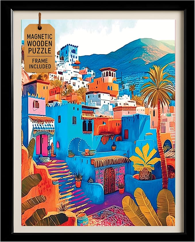 Magnetic Wooden Puzzles with Frame for Adults - Framed Wooden Jigsaw Puzzle - Rompe Cabezas para Adultos - Landscape Wall Art Decor - Original Christmas & Birthday Gift (Chefchaouen)