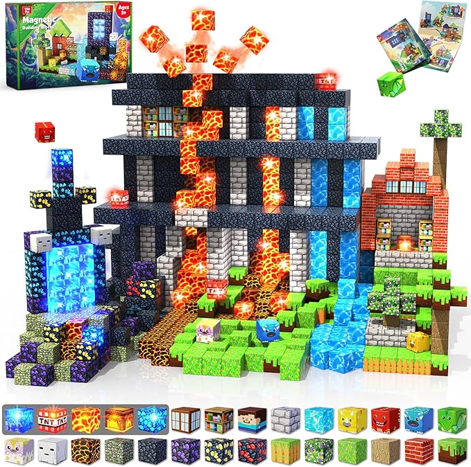 Magnetic Blocks - 150 PCS Dinosaur Volcano Forest Castle Set with Light Up Blocks - Kids Classroom Sensory Toy for Toddlers STEM, Construction Stacking Toy Kids 3+ Boys Girls Christmas Birthday Gifts