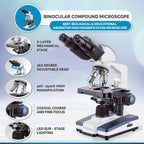 AmScope B120C-WM-BS Siedentopf Binocular Compound Microscope, 40X-2500X Magnification, Brightfield, LED Illumination, Abbe Condenser, Double-Layer Mechanical Stage, Includes Book, 50 Blank Slides, and 100 Coverslips