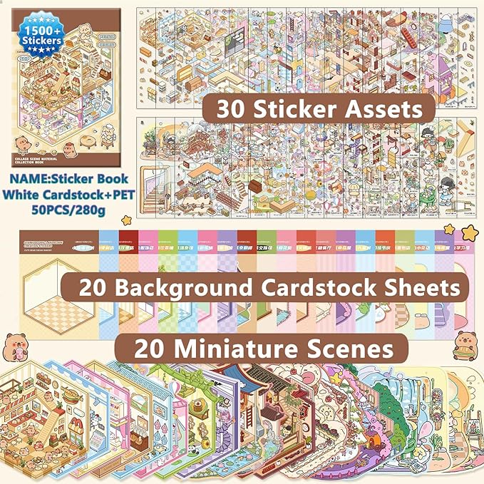 DIY 3D Sticker Scenes, 20 Sets (1500+) Cute Cartoon Stickers. Sticker Therapy. Create Your Own Mini Worlds. Perfect for Party Favors, Birthday Gifts for Adults & Kids