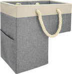 SAM AND MABEL Stair Basket for Carpeted and Wooden Stairs – Foldable Staircase Basket with Thick Cotton Rope Handles, Modern Stairway Storage Organizer (Lite Cream and Gray with Side Pocket)