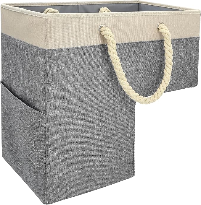 SAM AND MABEL Stair Basket for Carpeted and Wooden Stairs – Foldable Staircase Basket with Thick Cotton Rope Handles, Modern Stairway Storage Organizer (Lite Cream and Gray with Side Pocket)