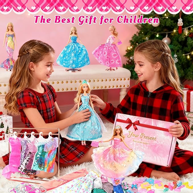 120Pcs Doll Clothes and Accessories, 5 Wedding Gowns 21 Dresses Including Evening Gowns, Fish Scale Skirts, Fashion Dresses, Swimsuits, Shoes, Hangers for Christmas Stocking Stuffers Girls Gift Age 3+