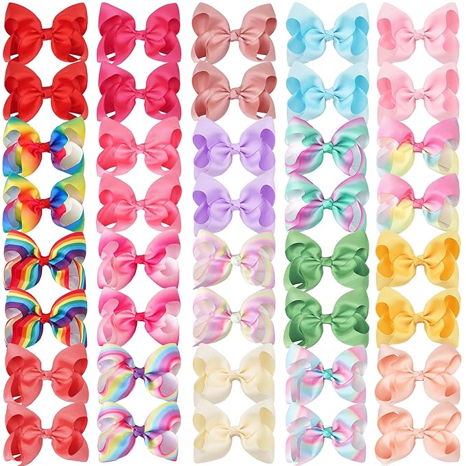 CÉLLOT 40 Pcs 4.5 Inch Hair Bows for Girls Clips Grosgrain Ribbon Boutique Hair Bow Alligator Clips For Girls Teens Toddlers Kids(Rainbow Colors)