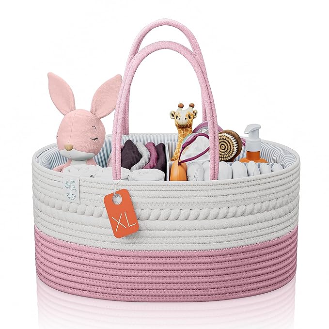 KiddyCare Woven Diaper Caddy Organizer, Large Gray Multi Functional Portable Baby Basket with Handle, Baby Gift for Boy/Girl Nursery Storage, Organization, and Modern Car Diaper Caddy Pink X-Large