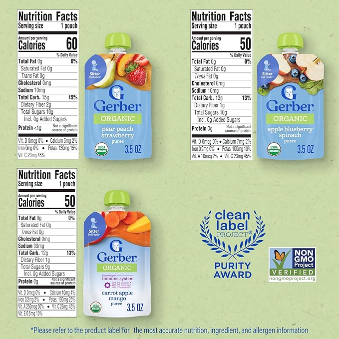 Gerber Stage 2 Baby Food, Organic Apple Blueberry Spinach, Pear Peach Strawberry, and Carrot Apple Mango Puree Pouches, 18-Pack