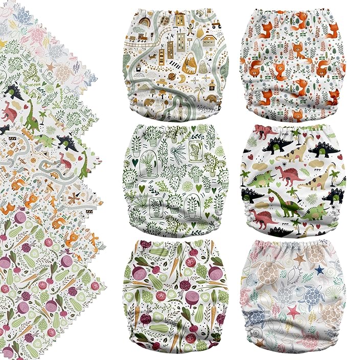 Mama Koala 3.0 Cloth Diapers for Babies with AWJ Lining, 6 Pack with 6 5-Layer Natural Cloth Diaper Inserts - Reusable and Washable Pocket Diapers(A-Happy Fox)