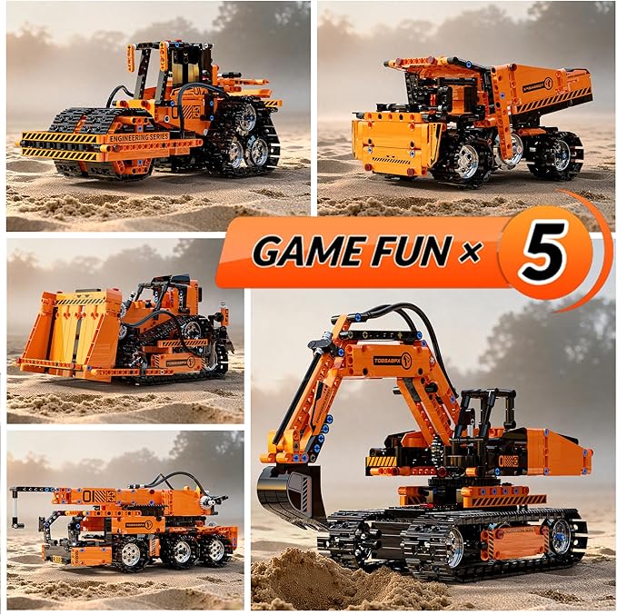 5in1 STEM Building Kits for Kids, STEM Building Toys for Kid, Remote & APP Controlled Excavator/Crane/Bulldozer/Road Roller/Dump Trucks Building Blocks Set for Boys Girls Birthday Xmas Idea Gifts