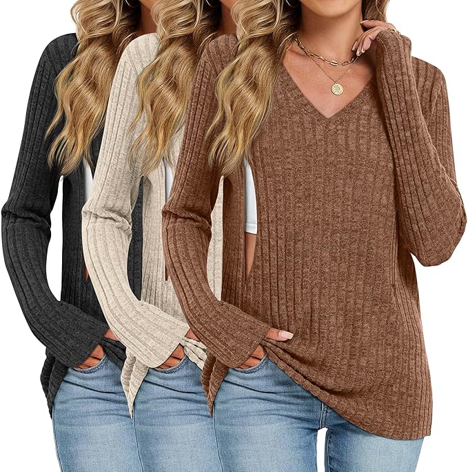 3 Pack Women's Maternity Nursing Tops, V Neck Breastfeeding Sweaters Long Sleeve Hidden Zipper Shirts