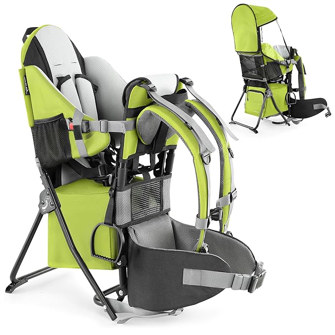 besrey Baby Backpack Carrier, Toddler Hiking Backpack with Safety 3-Height Seat, Adjustable Straps&Waist Belt, Foldable Frame Lightweight Large Capacity Child Carrier for Hiking (Green)