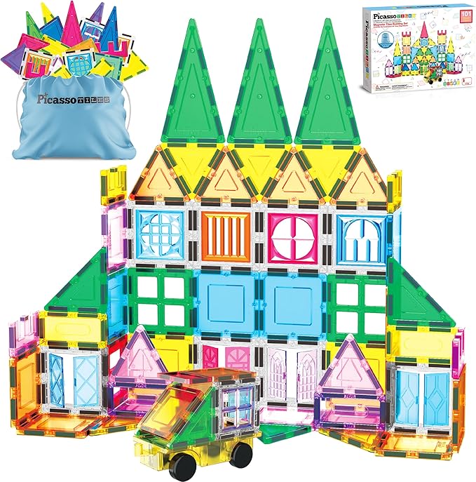 PicassoTiles 101 Piece Magnetic Tile Building Blocks Set with Durable Storage Bag STEM Educational Construction Magnet Toy Kit for Toddlers Preschool Kids Boys Girls Age 3 Plus Indoor Learning PT06