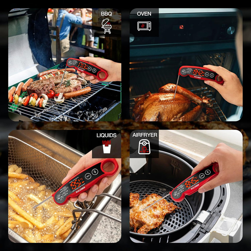 1-Second Rapid and Accurate Meat Thermometer - Waterproof Multifunctional Kitchen Food Thermometer, Ideal for Frying, Smoking, Grilling and More(Red)