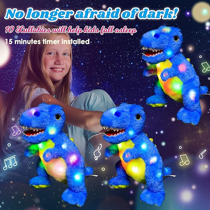 Cuteoy Light-up Singing Plush Blue Dinosaur LED Musical Stuffed Animal T-Rex Adjustable Volume Lullaby Plushies Birthday Christmas Toy Gifts for Kids Toddler Girls, 12"