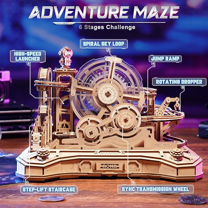 ROKR 3D Wooden Puzzles for Adults Miniature Marble Run Building Toys,DIY Pinball Machine Model Kits-Gear Ball Challenge EGC01