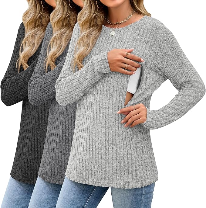 3 Pack Women's Nursing Long Sleeve Tops Breastfeeding Thermal Sweaters with Hidden Zipper Maternity Ribbed Shirts