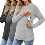 3 Pack Women's Nursing Long Sleeve Tops Breastfeeding Thermal Sweaters with Hidden Zipper Maternity Ribbed Shirts